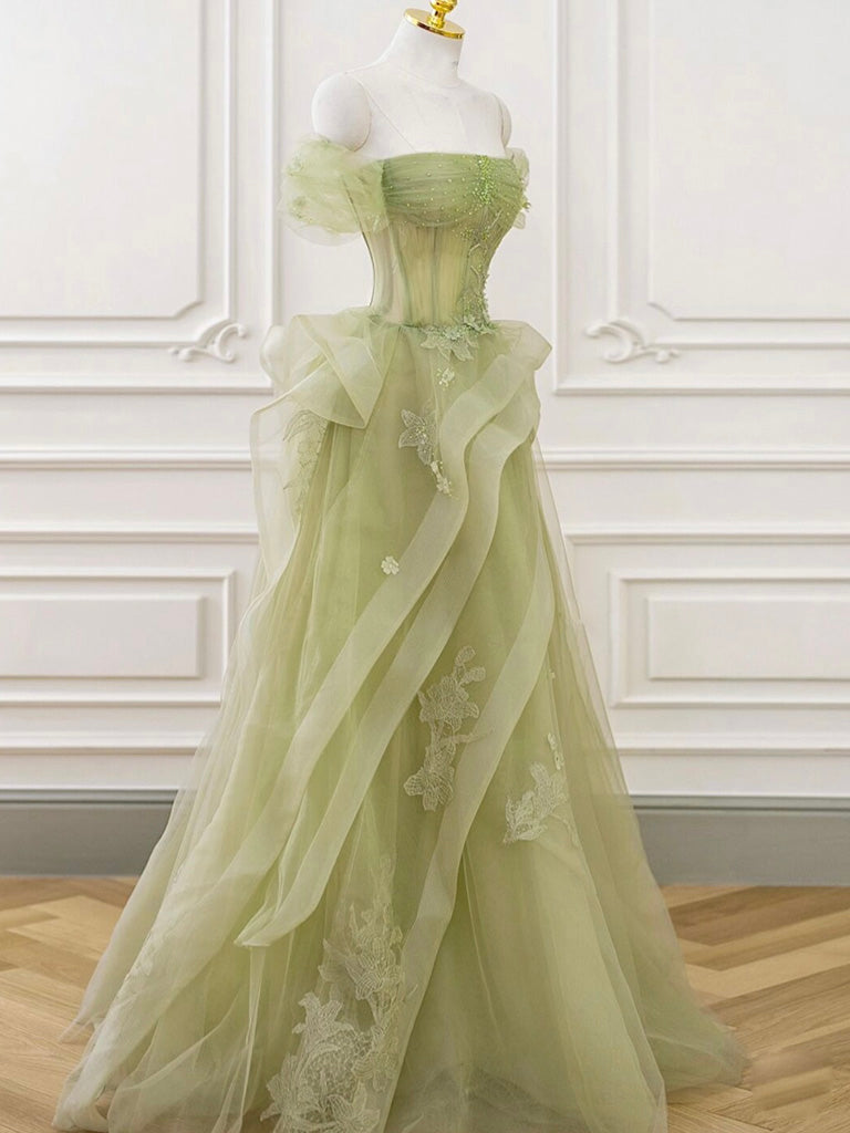 Green Off Shoulder Lace Long Prom Dress, Green Formal Dress