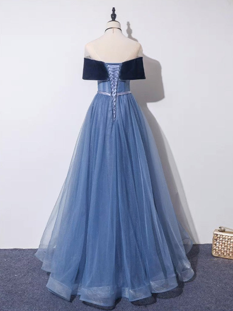 Gray Blue A-Line Tulle Long Prom Dress, Gray Blue Long Formal Dress