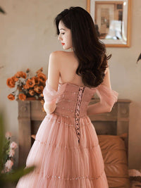 A-Line Off Shoulder Tulle Beads Pink Long Prom Dress, Pink Formal Dress
