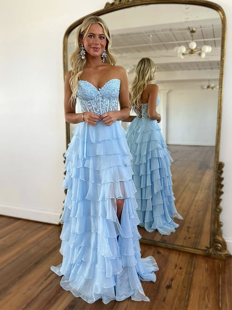 A-Line Sweetheart Neck Chiffon Lace Blue Long Prom Dress, Blue Long Graduation Dress