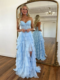 A-Line Sweetheart Neck Chiffon Lace Blue Long Prom Dress, Blue Long Graduation Dress