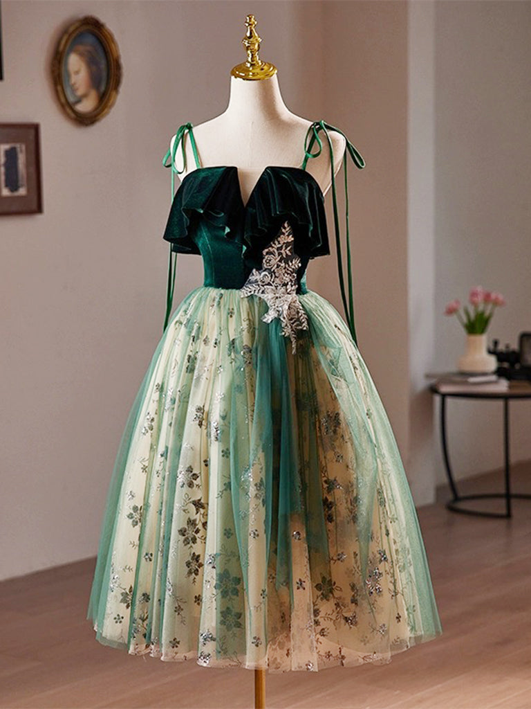 A-Line Tulle Lace Sequin Green Short Prom Dress, Green Homecoming Dress