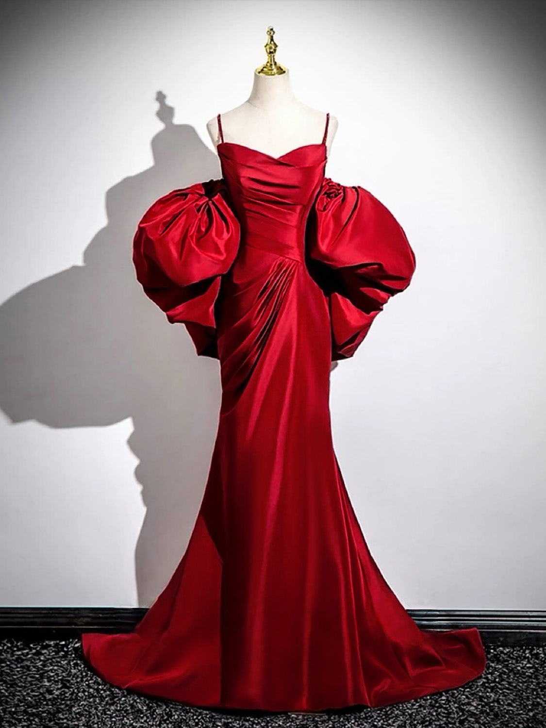 A-line V Neck Satin Puff Sleeves Sweep Train Dark Blue Prom Dress