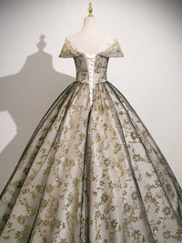 A-Line Tulle Lace Gray Long Prom Dress, Gray Long Evening Dress
