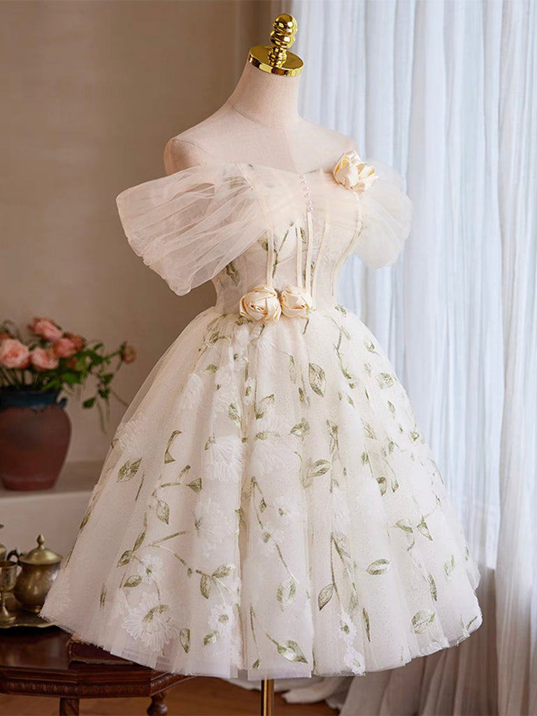 A-Line Off Shouder Tulle Lace Short Light Champagne Prom Dress, Cute Homecoming Dress