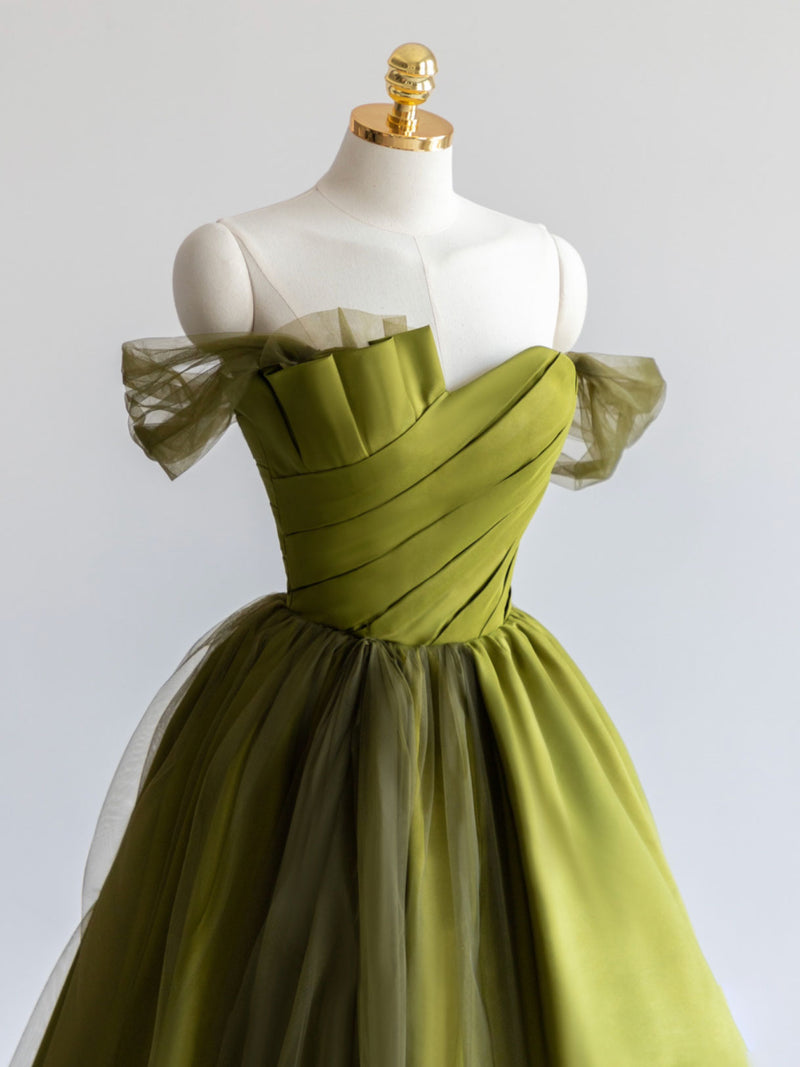 A-Line Off Shoulder Satin Green Long Prom Dress, Green Formal Dress
