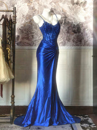 Mermaid V Neck Satin Lace Sequin Blue Long Prom Dress