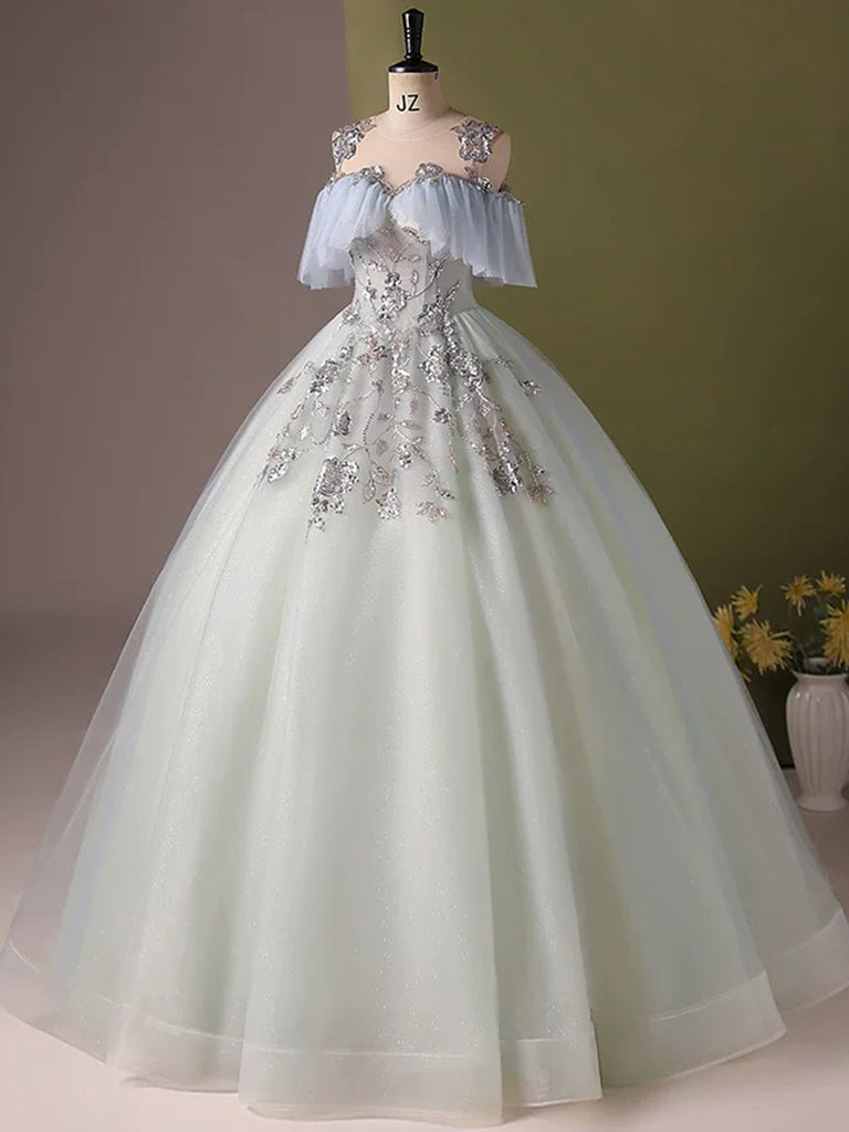 A-Line Off Shoulder Tulle Sequin Light Blue Long Prom Dress