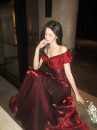 A-line Off Shoulder Satin Floor Length Burgundy Prom Dress