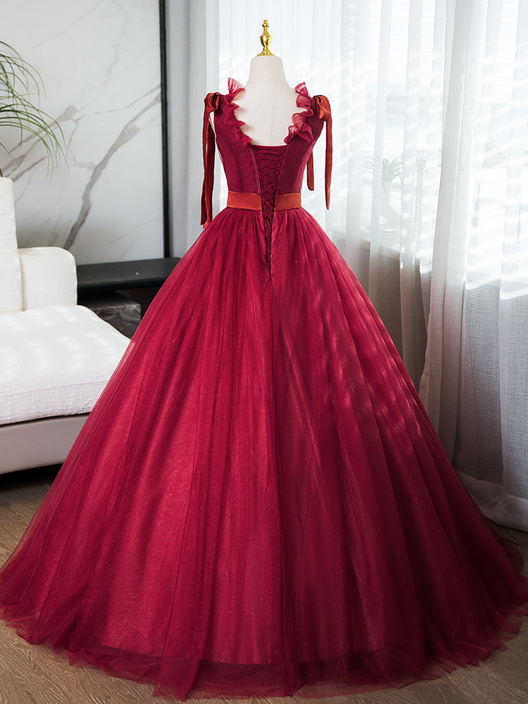 A-Line V Neck Tulle Burgundy Long Prom Dress, Burgundy Long Evening Dress