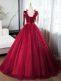 A-Line V Neck Tulle Burgundy Long Prom Dress, Burgundy Long Evening Dress