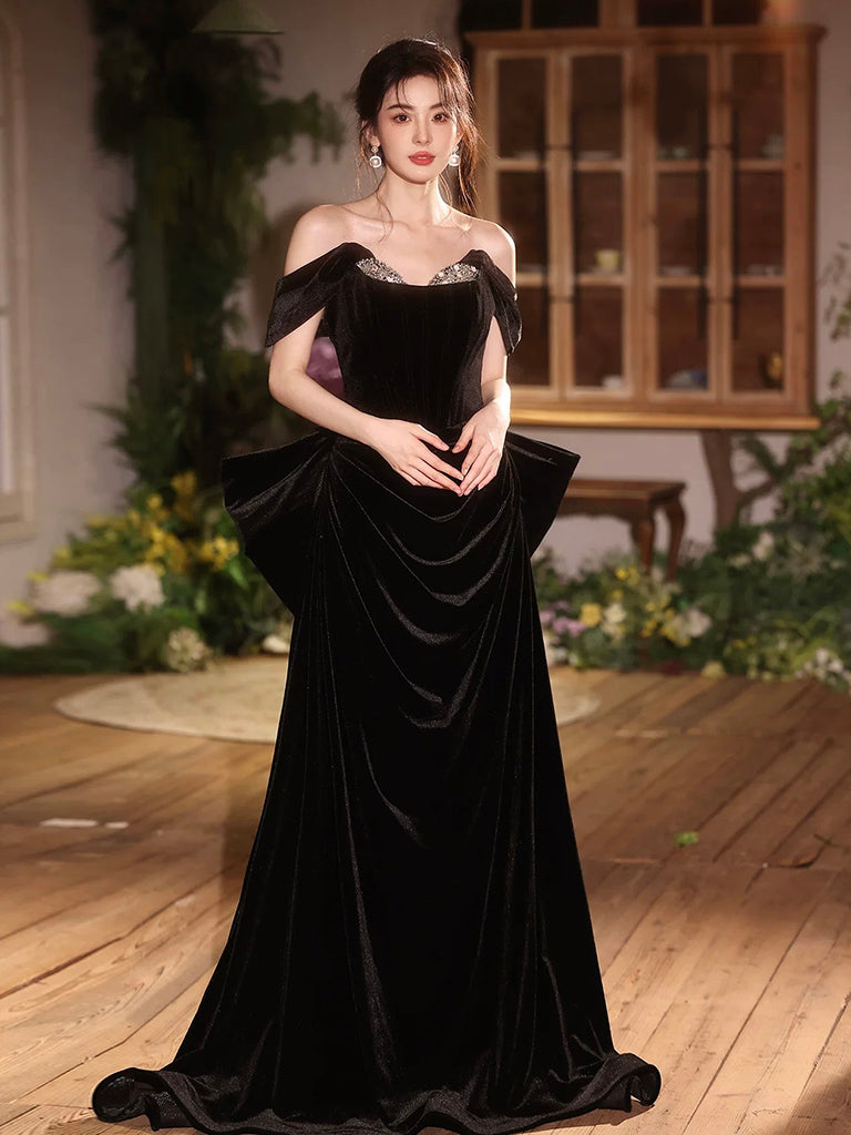 A-Line Off Shoulder Velvet Black Long Prom Dress, Black Evening Dress