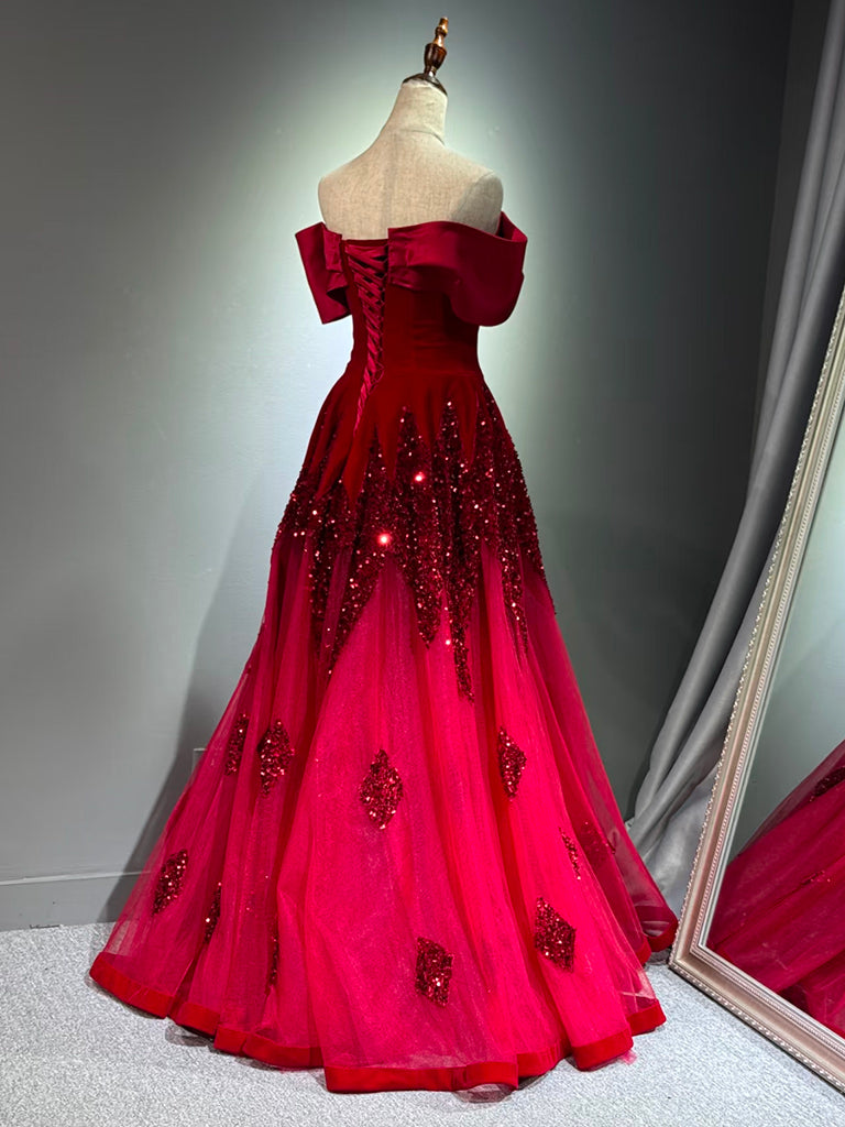 A-Line Off Shoulder Tulle Sequin Burgundy Long Prom Dress, Burgundy Formal Dress