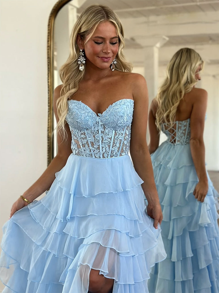 A-Line Sweetheart Neck Chiffon Lace Blue Long Prom Dress, Blue Long Gr