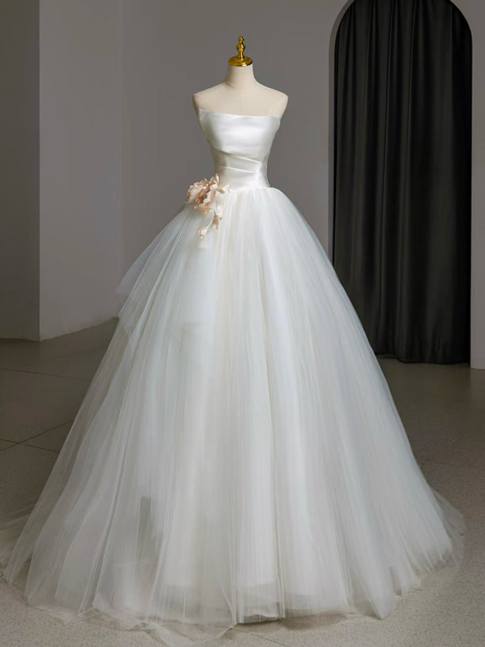 A-Line Tulle White Long Prom Dress, White Long Formal Dress