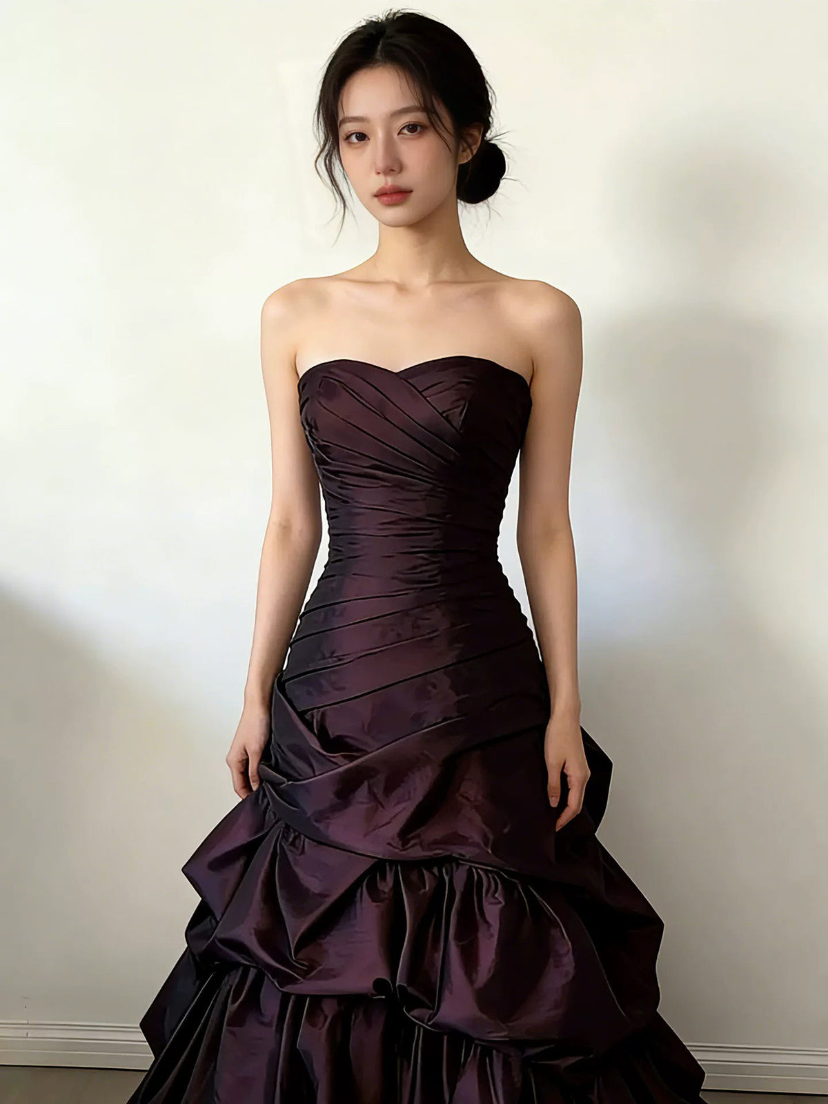 A-Line Sweetheart Neck Taffeta Ruffles Maroon Long Prom Dress