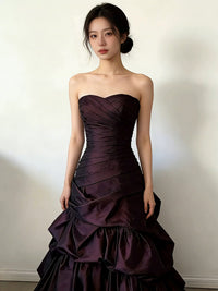 A-Line Sweetheart Neck Taffeta Ruffles Maroon Long Prom Dress