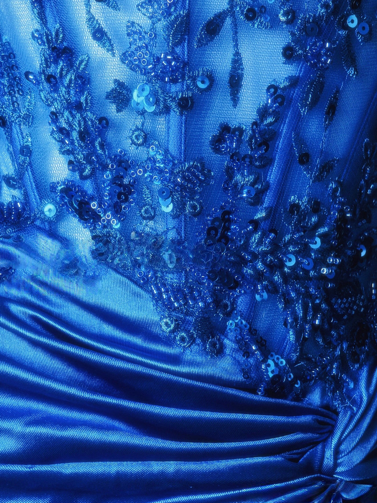 Mermaid V Neck Satin Lace Sequin Blue Long Prom Dress