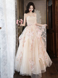 A-Line Tulle Lace Champagne Long Prom Dress, Champagne Long Formal Dress