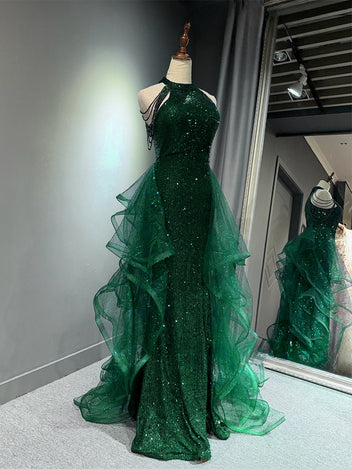 Green Tulle and Sequins Beaded Long Formal Dress, Green A-line Prom Dress Evening Dress