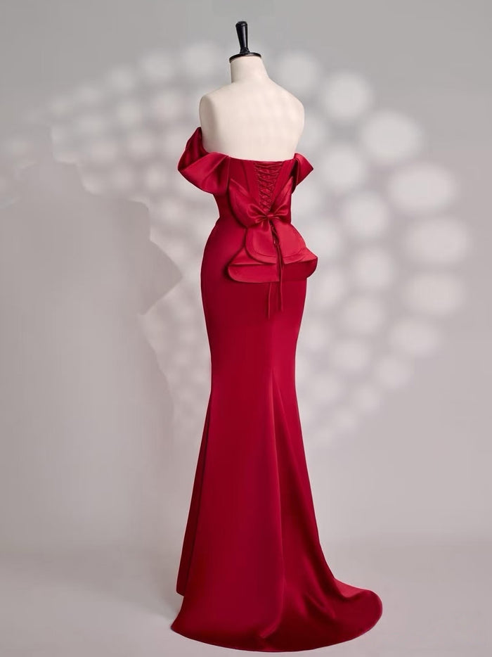 Mermaid Off Shoulder Satin Floor Length Burgundy Prom Dress with Beads
