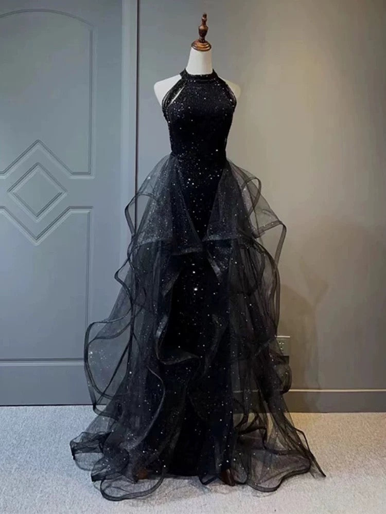 A-Line High Neck Tulle Sequin Black Long Prom Dress, Black Evening Dress