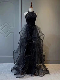 A-Line High Neck Tulle Sequin Black Long Prom Dress, Black Evening Dress