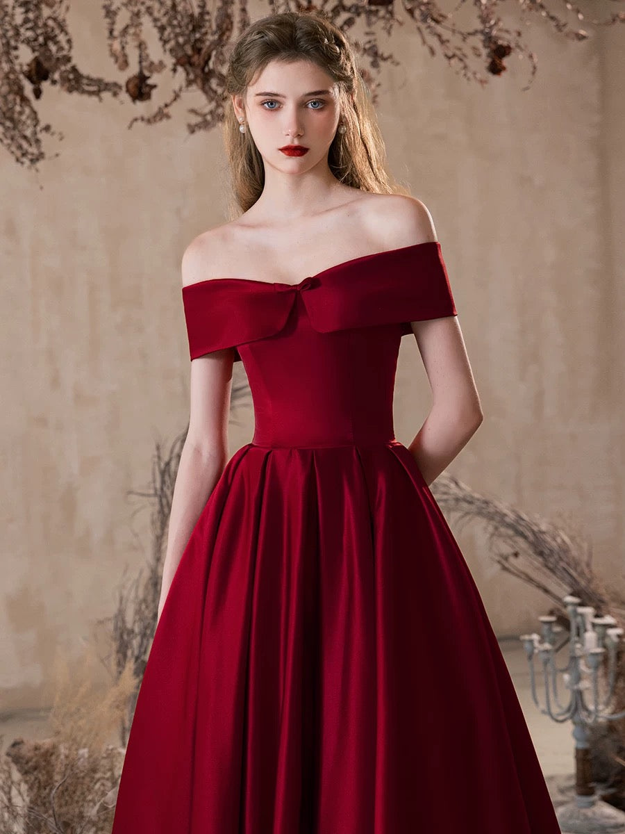 A-Line Off Shoulder Satin Burgundy Long Prom Dress, Burgundy Long Formal Dress