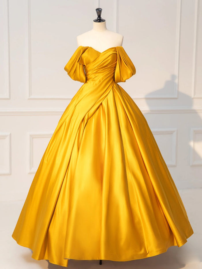 A-Line Off Shoulder Satin Yellow Long Prom Dress, Yellow Long Formal Dress