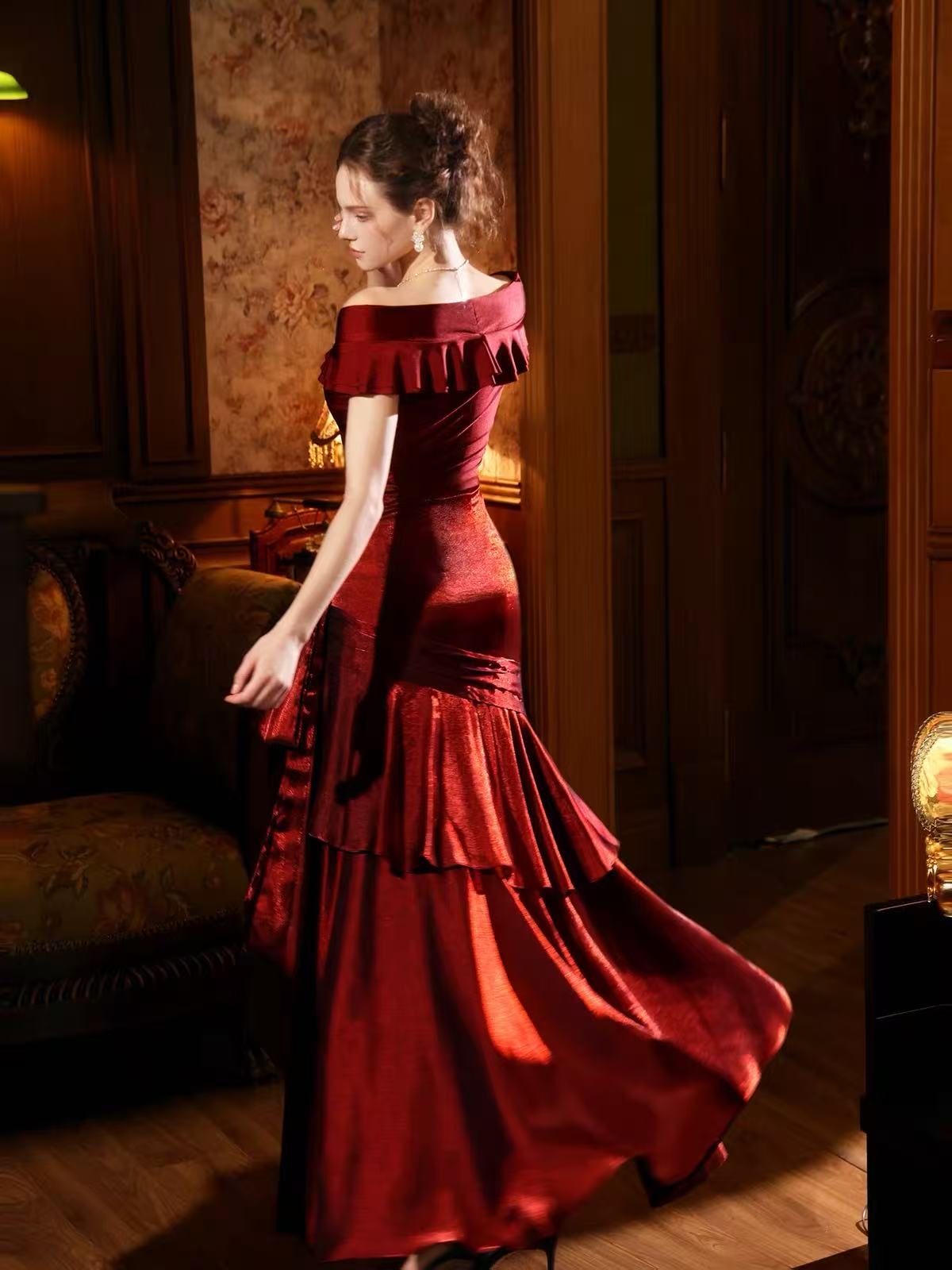 Mermaid Off Shoulder Silk Burgundy Long Prom Dress, Burgundy Formal Dress