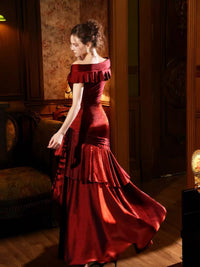 Mermaid Off Shoulder Silk Burgundy Long Prom Dress, Burgundy Formal Dress