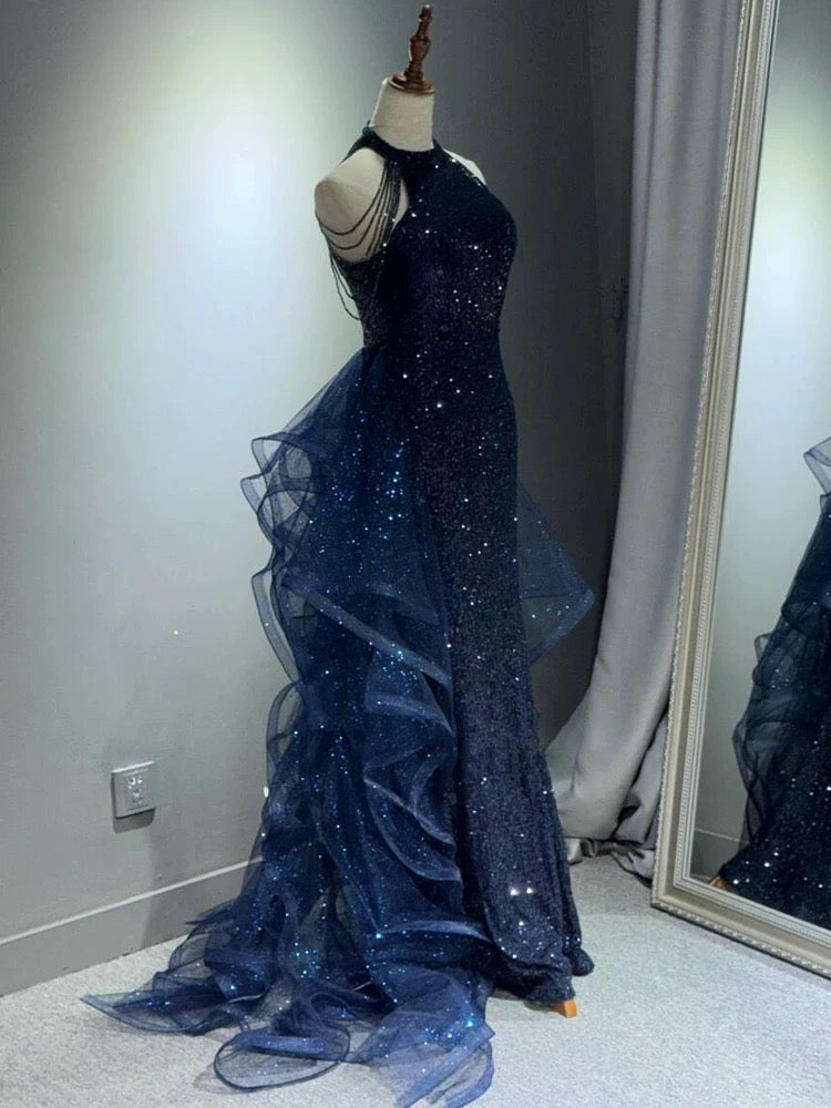 A-Line Tulle Sequin Dark Blue Long Prom Dress, Dark Blue Long Formal Dress