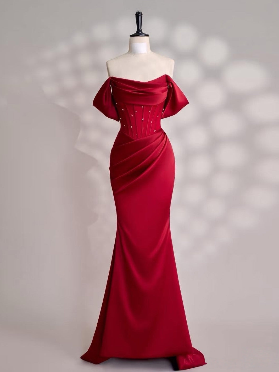 Mermaid Off Shoulder Satin Floor Length Burgundy Prom Dress with Beads