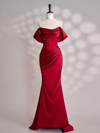 Mermaid Off Shoulder Satin Floor Length Burgundy Prom Dress with Beads