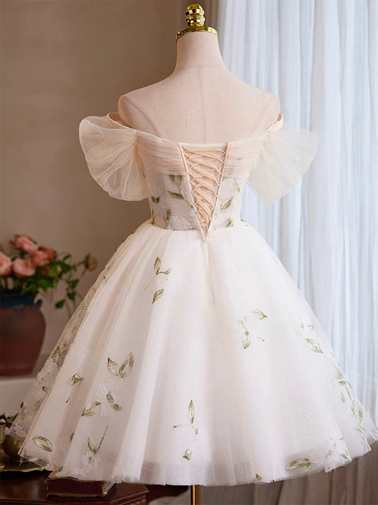 A-Line Off Shouder Tulle Lace Short Light Champagne Prom Dress, Cute Homecoming Dress