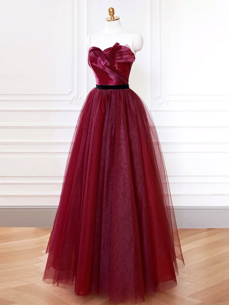 A-Line Sweetheart Neck Tulle Burgundy Long Prom Dress, Burgundy Long Formal Dress