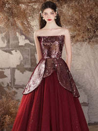 A-Line Tulle Sequin Burgundy Long Prom Dress, Burgundy Long Evening Dress