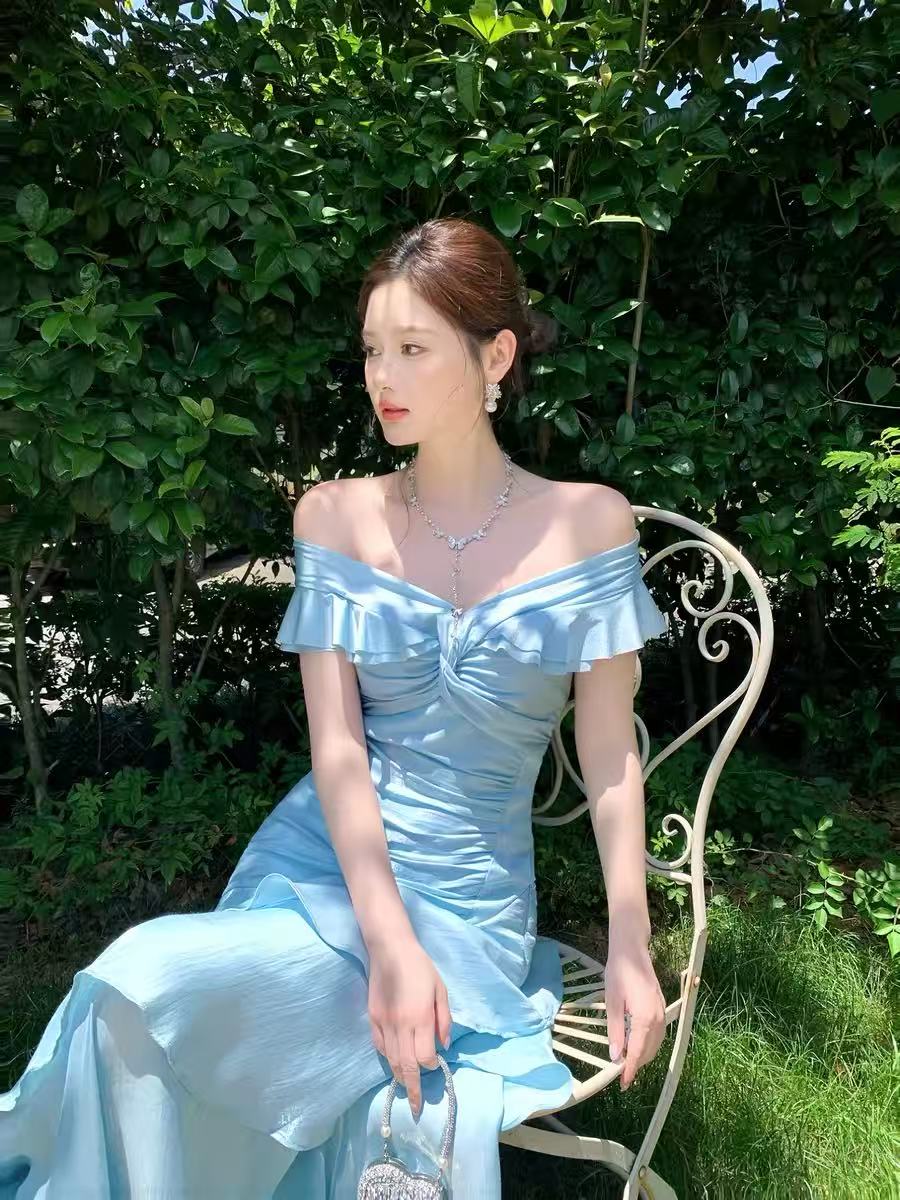 Mermaid Off Shoulder Silk Floor Length Blue Prom Dress, Blue Evening Dress