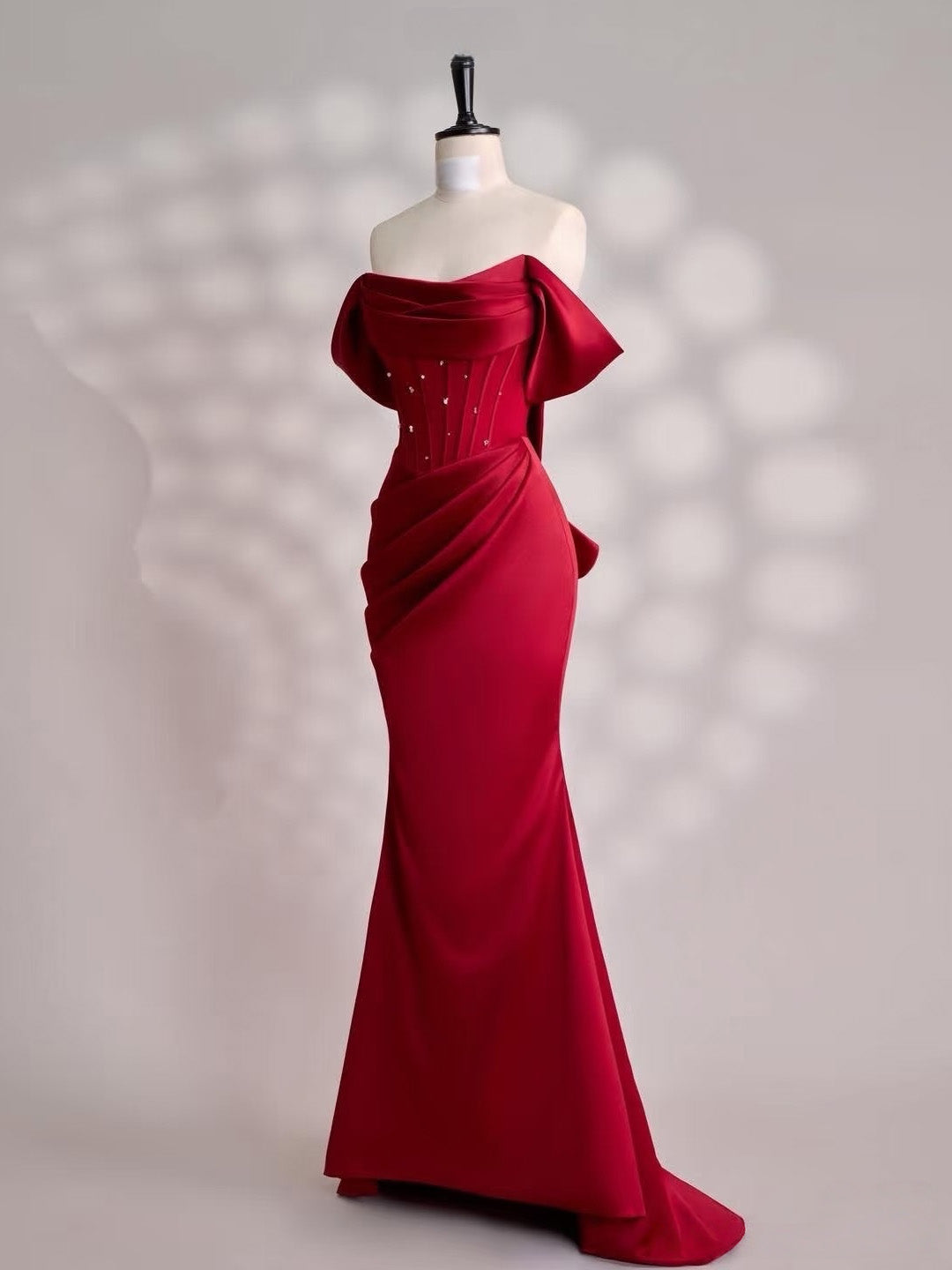 Mermaid Off Shoulder Satin Floor Length Burgundy Prom Dress with Beads