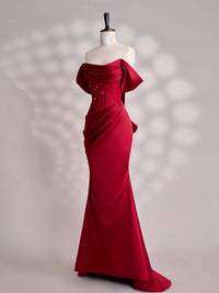 Mermaid Off Shoulder Satin Floor Length Burgundy Prom Dress with Beads