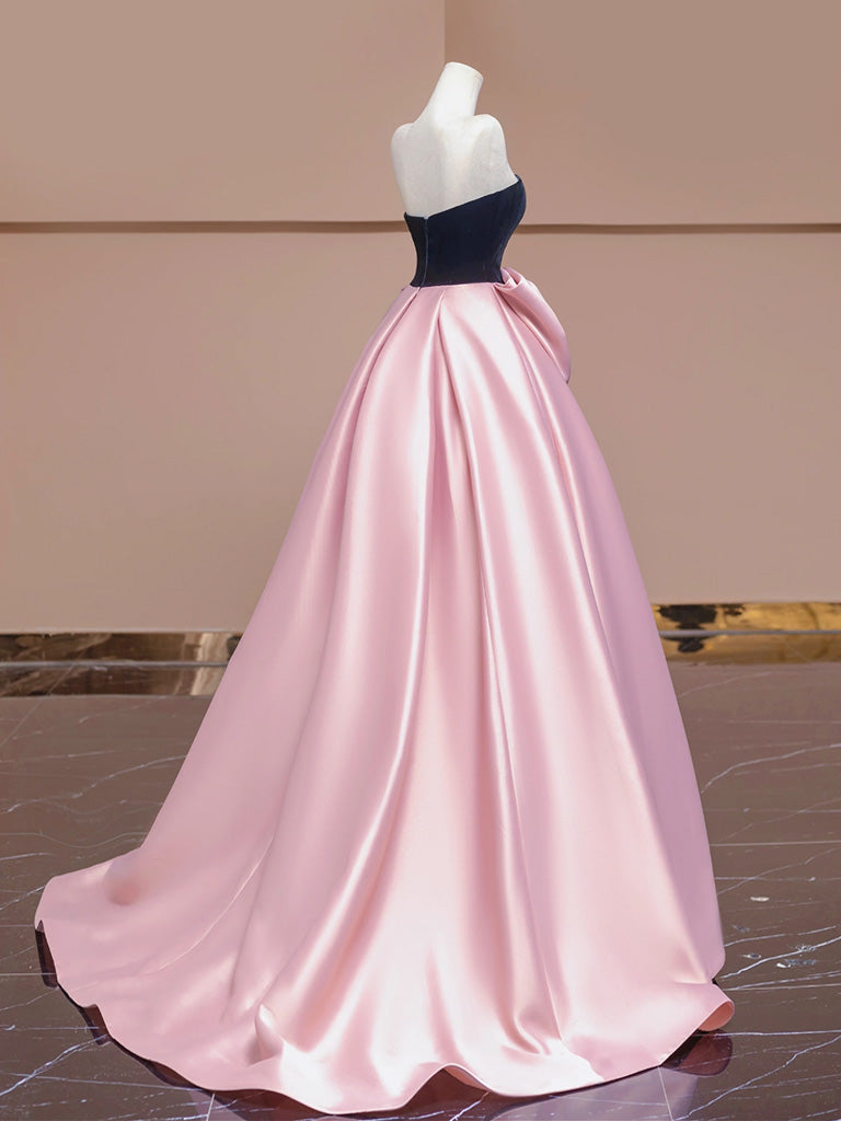 A-Line Velvet Satin Pink Long Prom Dress, Pink Long Formal Dress