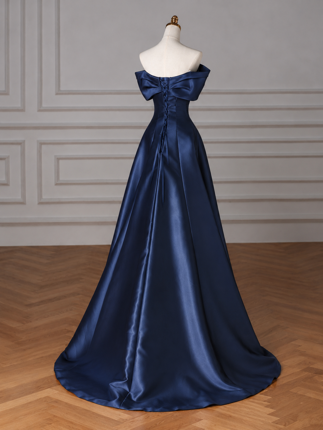 Off Shoulder A-line Satin Dark Blue Long Prom Dress, Dark Blue Long Formal Dress