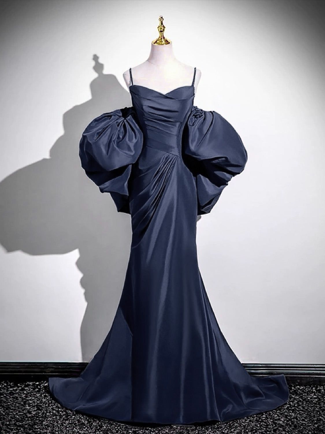 A-line V Neck Satin Puff Sleeves Sweep Train Dark Blue Prom Dress