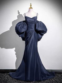 A-line V Neck Satin Puff Sleeves Sweep Train Dark Blue Prom Dress