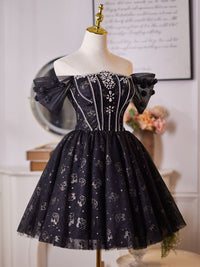 A-Line Off Shoulder Tulle Beads Black Short Prom Dress, Black Homecoming Dress