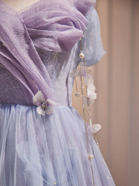 Purple A-Line Tulle Long Prom Dress, Off Shoulder Purple Graduation Dress