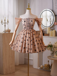 A-Line Off Shoulder Beads Champagne Short Prom Dress, Champagne Homecoming Dress