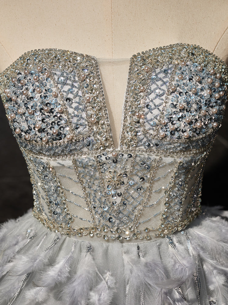 Gray Sweetheart Neck Tulle Beads Feather Short Prom Dress, Cute Gray H toptby Gray Sweetheart Neck Tulle Beads Feather Short Prom Dress, Cute Gray H toptby