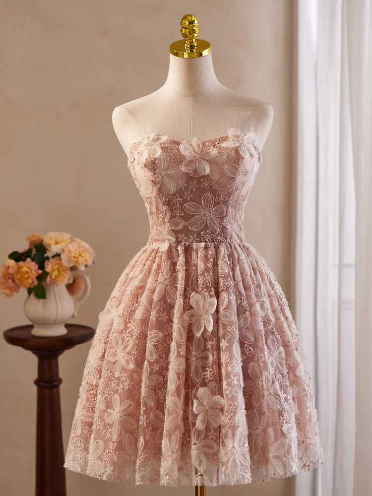 A-Line Off Shoulder Tulle Lace Pink Short Prom Dress, Pink Homecoming Dress