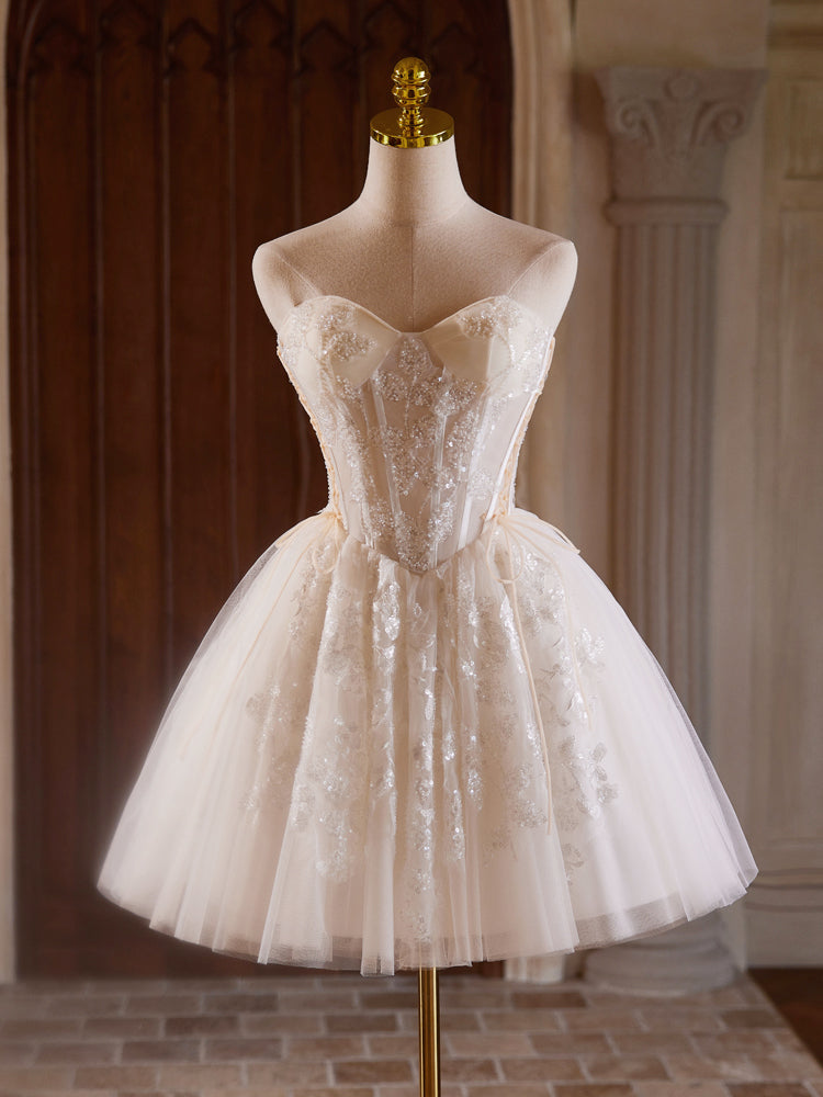 A-Line Sweetheart Neck Tulle Lace Light Champagne Short Prom Dress toptby A-Line Sweetheart Neck Tulle Lace Light Champagne Short Prom Dress toptby